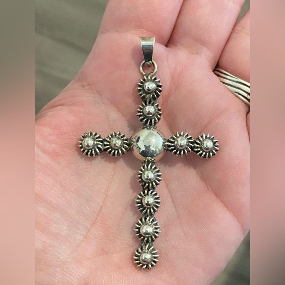 Vintage Taxco Sterling Silver Ornate Cross Pendant 3” - Picture 2 of 5
